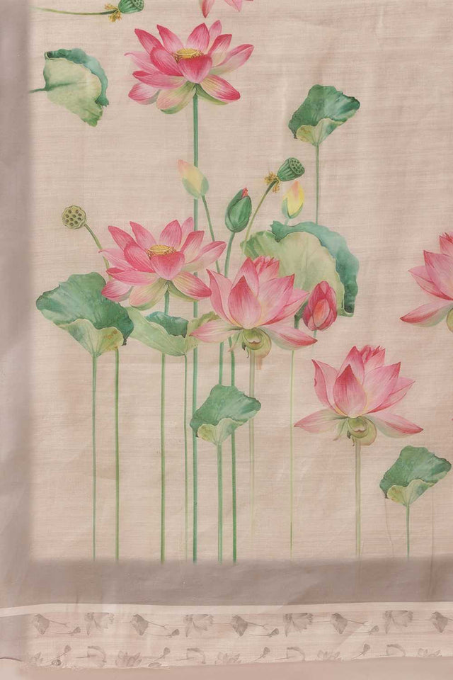 Beige Floral Printed Cotton Blend Ready to Wear Saree