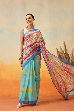 Multi Color Abstract Printed Cotton Blend Ready to Wear Saree