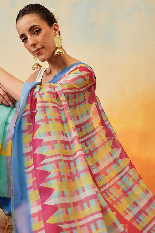 Multi Color Abstract Printed Cotton Blend Ready to Wear Saree