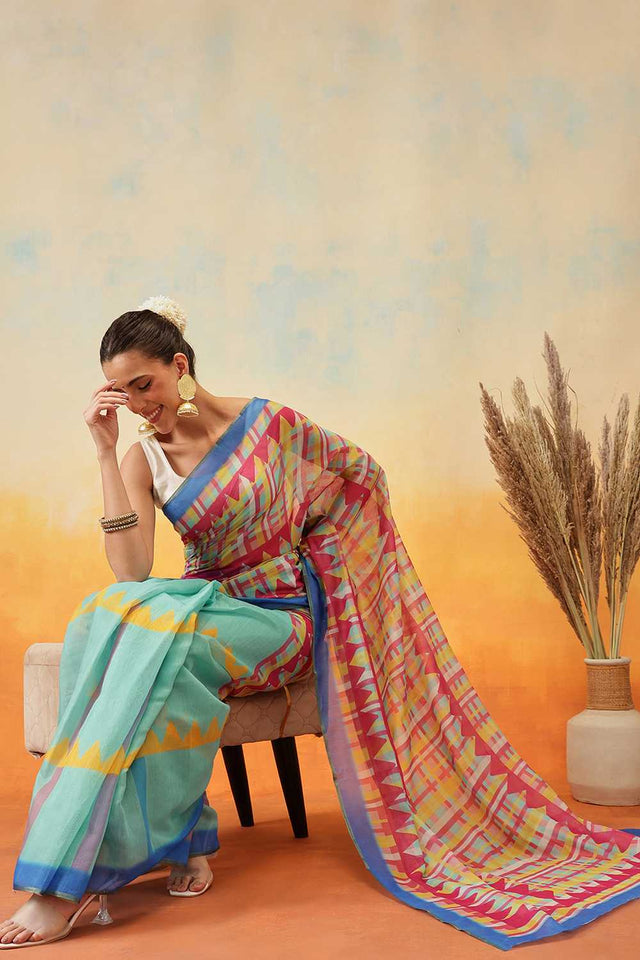 Multi Color Abstract Printed Cotton Blend Ready to Wear Saree