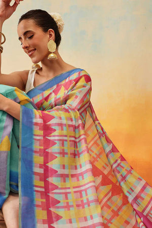 Multi Color Abstract Printed Cotton Blend Ready to Wear Saree