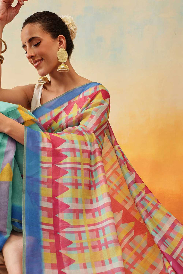 Multi Color Abstract Printed Cotton Blend Ready to Wear Saree