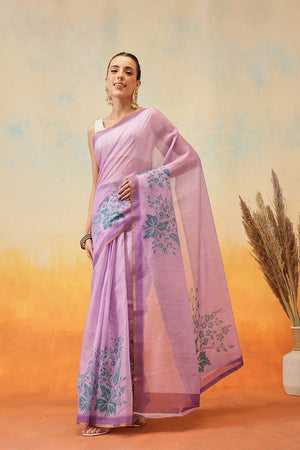 Violet Floral Printed Cotton Blend Ready to Wear Saree