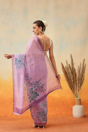 Violet Floral Printed Cotton Blend Ready to Wear Saree