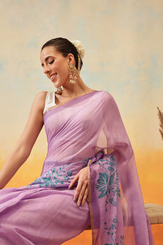 Violet Floral Printed Cotton Blend Ready to Wear Saree