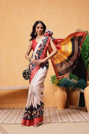 Beige Floral Printed Art Silk Ready to Wear Saree