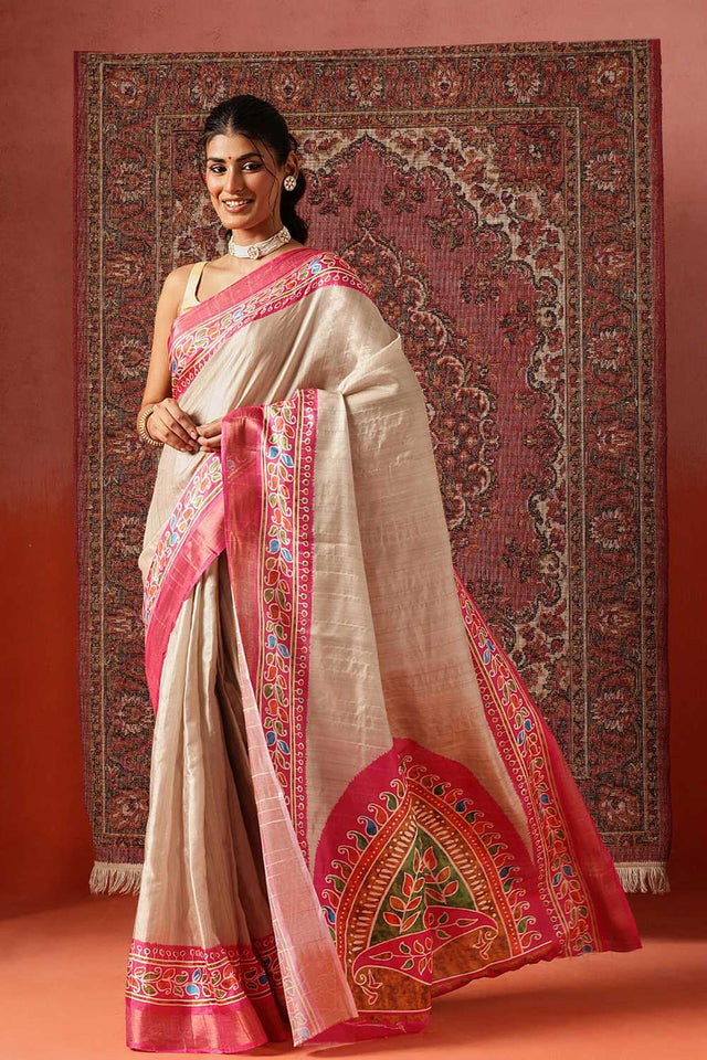 Pink Floral Printed Silk Ready to Wear Saree