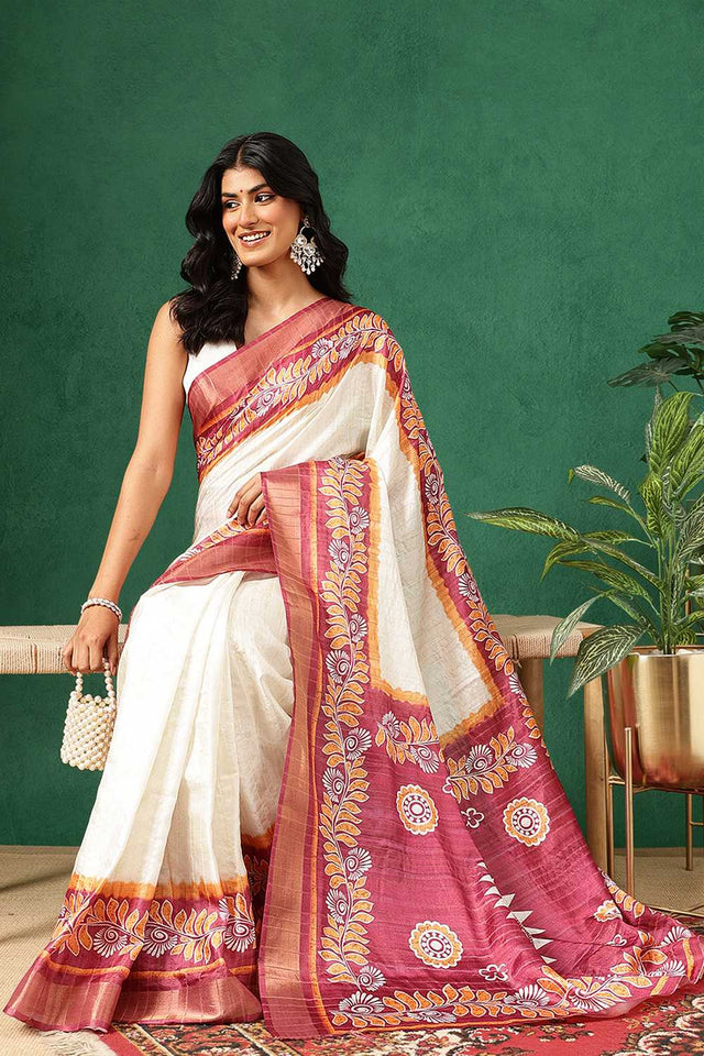 Red Floral Printed Silk Ready to Wear Saree