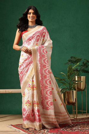 Red Floral Printed Silk Ready to Wear Saree