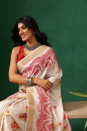 Red Floral Printed Silk Ready to Wear Saree
