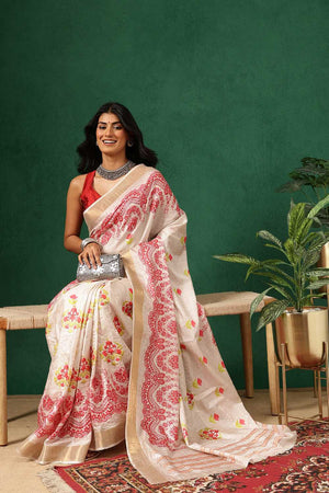 Red Floral Printed Silk Ready to Wear Saree