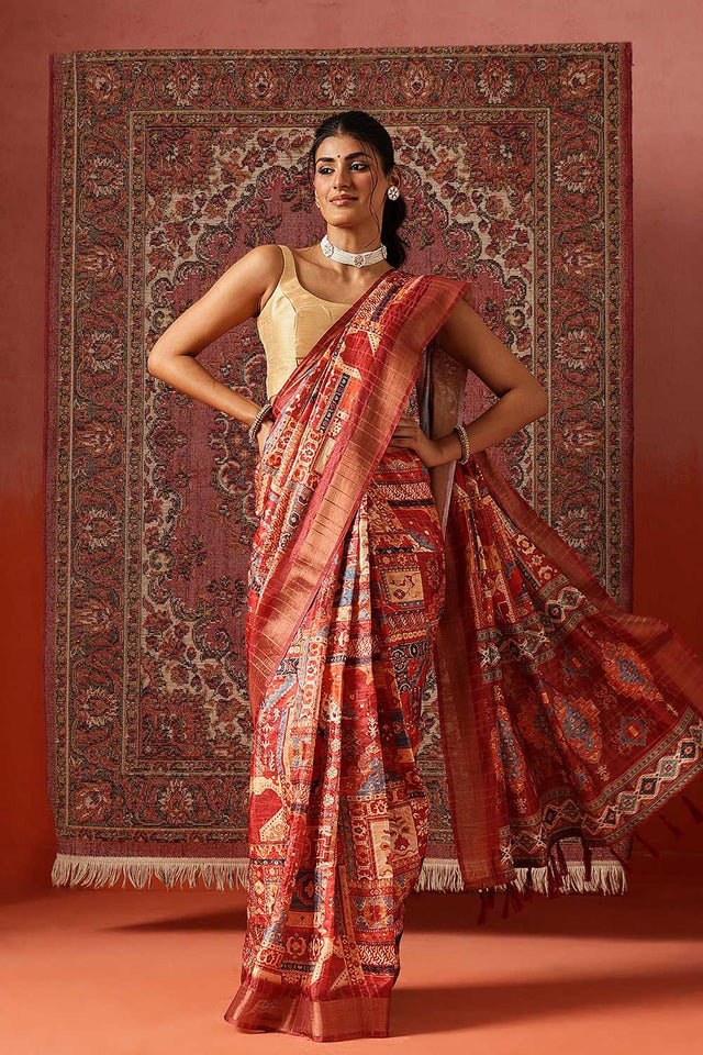 Maroon Floral Printed Silk Ready to Wear Saree