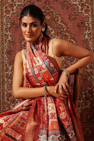 Maroon Floral Printed Silk Ready to Wear Saree