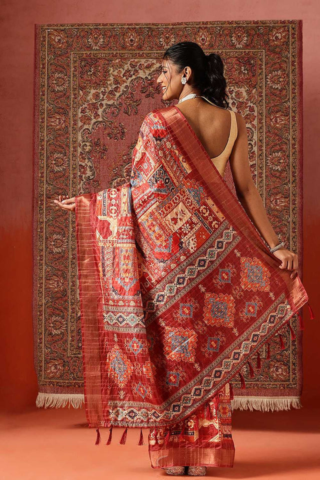 Maroon Floral Printed Silk Ready to Wear Saree