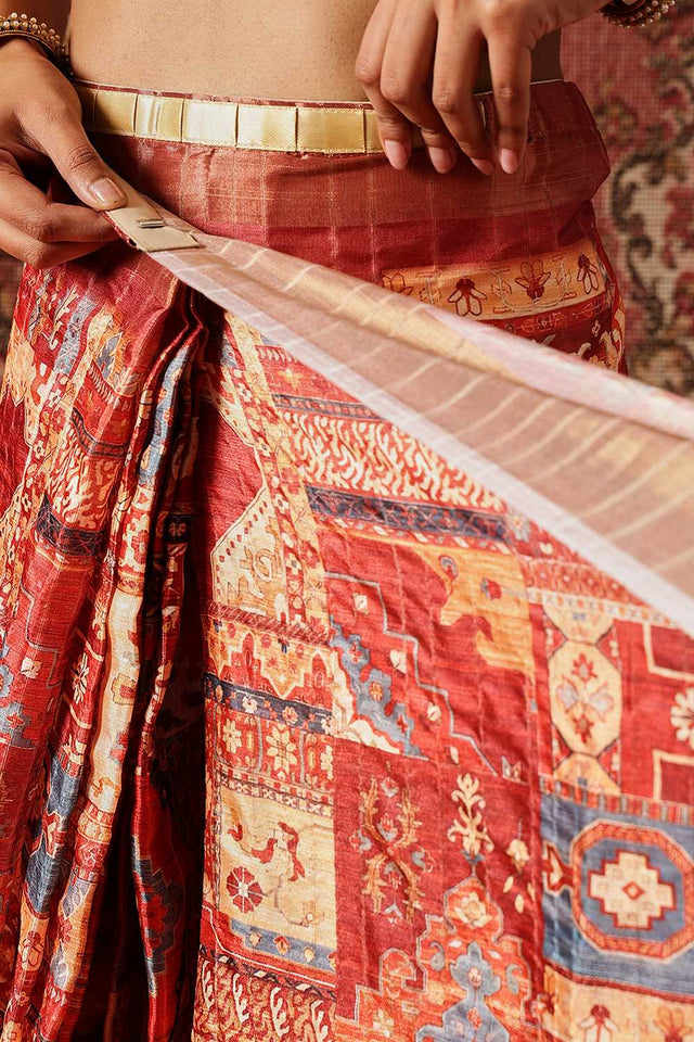 Maroon Floral Printed Silk Ready to Wear Saree