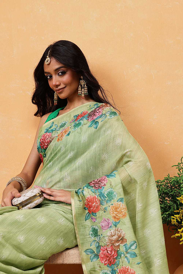 Olive Green Floral Printed Cotton Blend Ready to Wear Saree