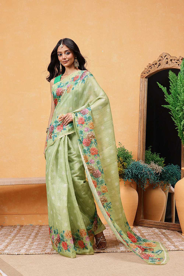 Olive Green Floral Printed Cotton Blend Ready to Wear Saree