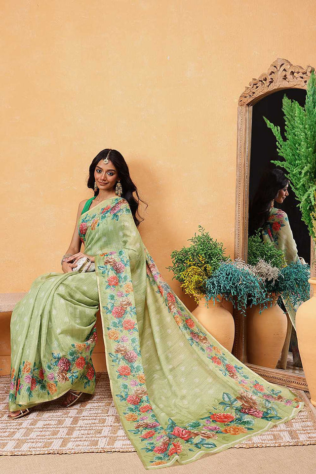 Olive Green Floral Printed Cotton Blend Ready to Wear Saree