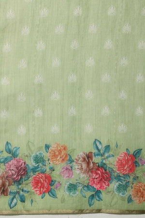 Olive Green Floral Printed Cotton Blend Ready to Wear Saree
