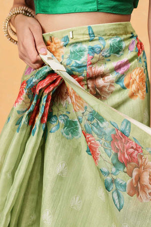 Olive Green Floral Printed Cotton Blend Ready to Wear Saree