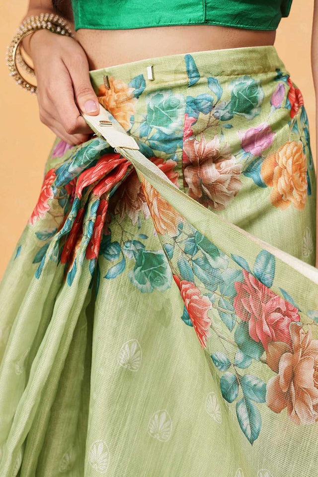 Olive Green Floral Printed Cotton Blend Ready to Wear Saree