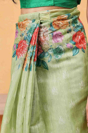 Olive Green Floral Printed Cotton Blend Ready to Wear Saree
