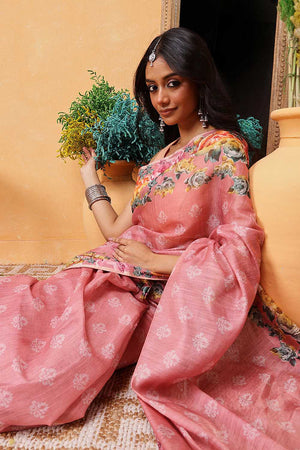 Pink Floral Printed Cotton Blend Ready to Wear Saree