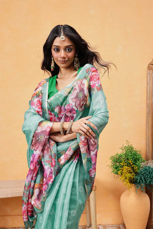Turquoise Floral Printed Cotton Blend Ready to Wear Saree