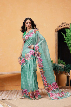 Turquoise Floral Printed Cotton Blend Ready to Wear Saree