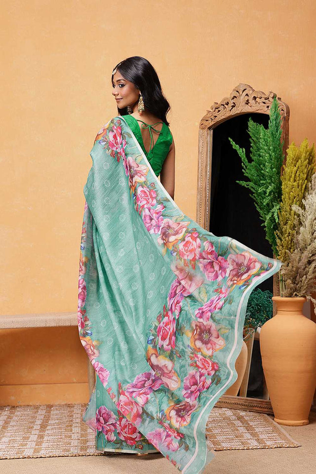 Turquoise Floral Printed Cotton Blend Ready to Wear Saree