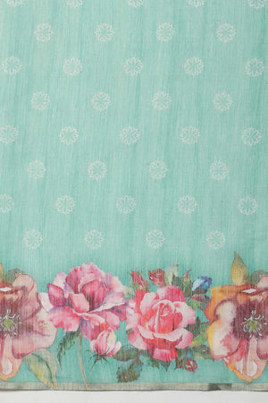 Turquoise Floral Printed Cotton Blend Ready to Wear Saree