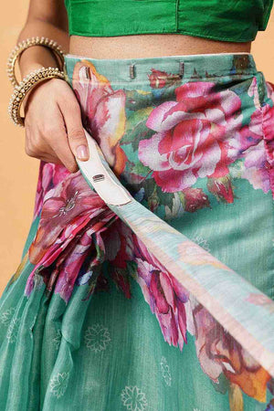 Turquoise Floral Printed Cotton Blend Ready to Wear Saree