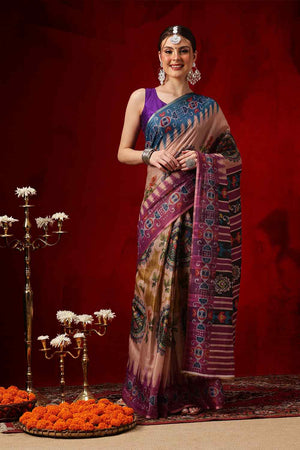 Beige Printed Cotton Blend Ready to Wear Saree