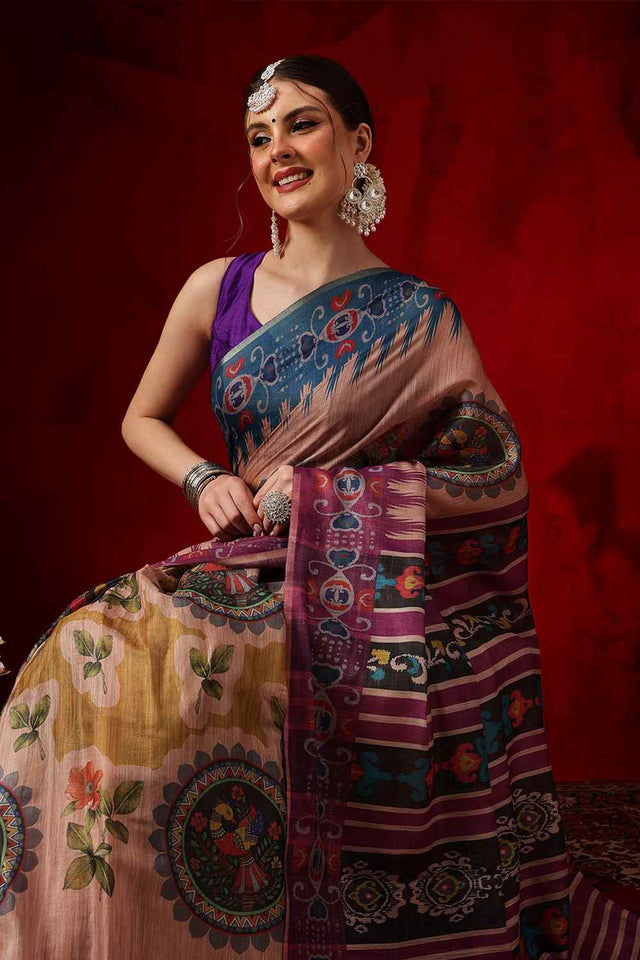 Beige Printed Cotton Blend Ready to Wear Saree