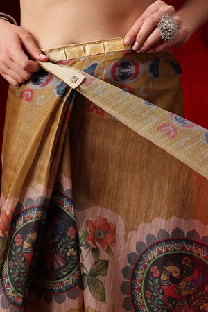 Beige Printed Cotton Blend Ready to Wear Saree