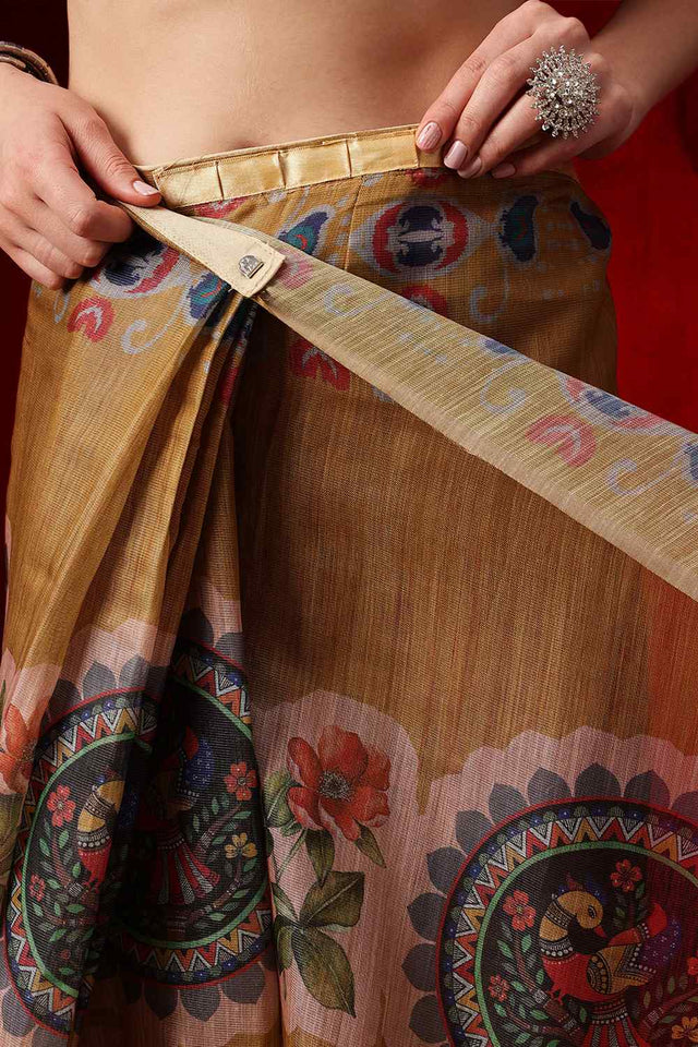 Beige Printed Cotton Blend Ready to Wear Saree