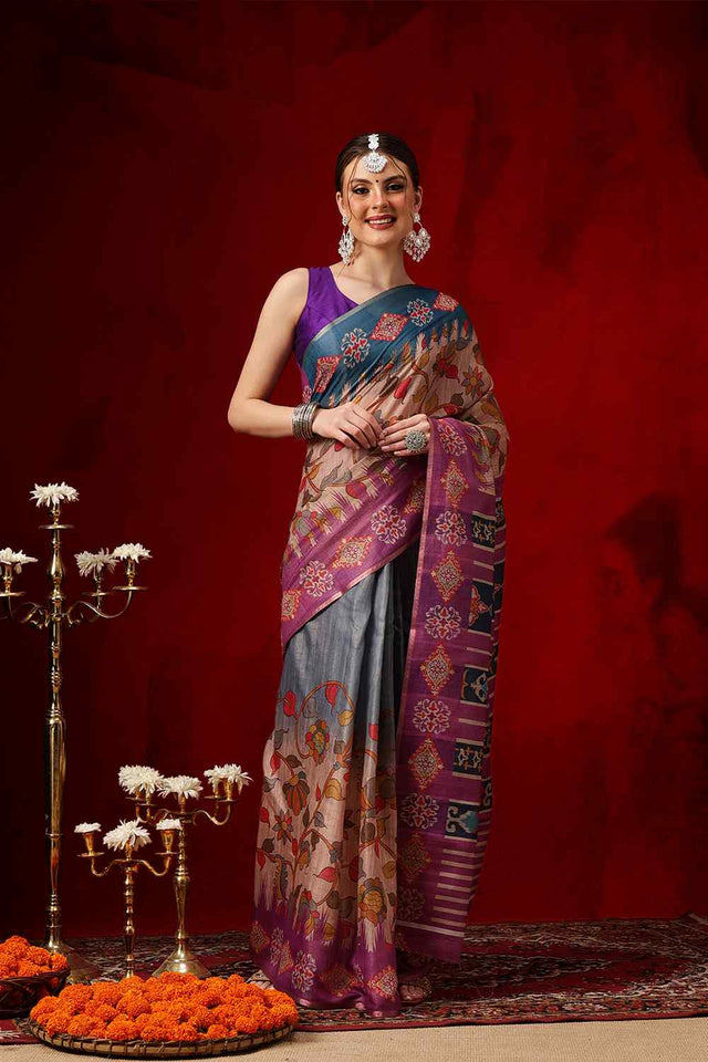 Violet Printed Cotton Blend Ready to Wear Saree