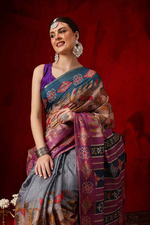 Violet Printed Cotton Blend Ready to Wear Saree