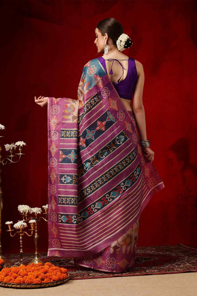 Violet Printed Cotton Blend Ready to Wear Saree