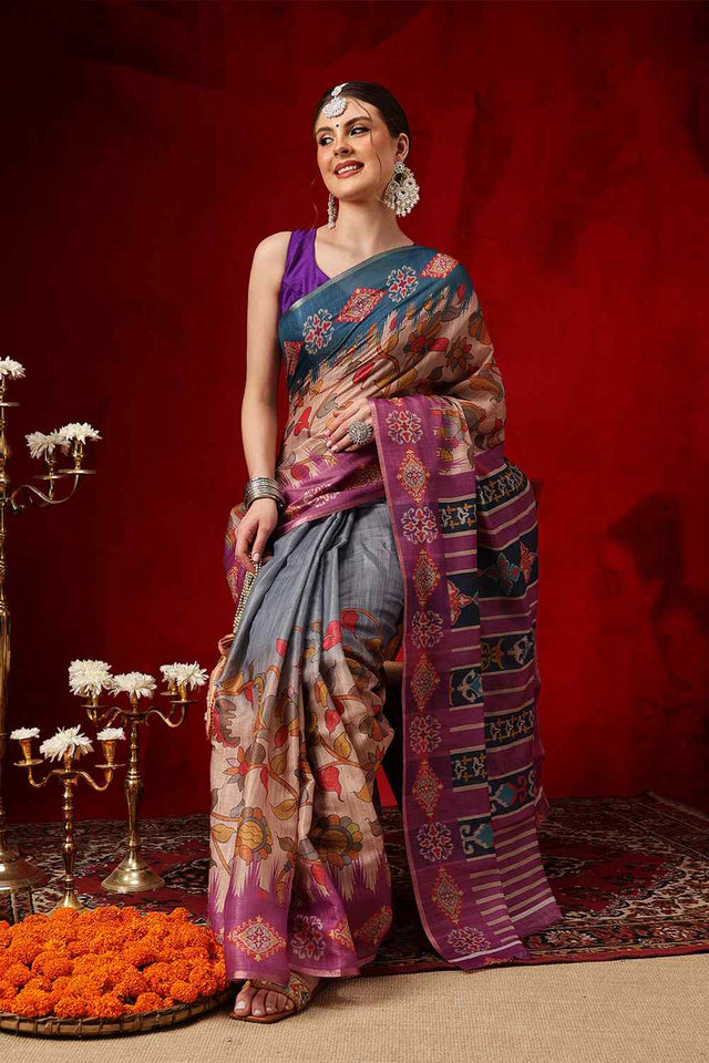 Violet Printed Cotton Blend Ready to Wear Saree