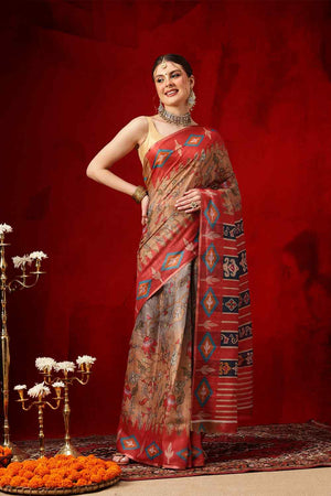 Red Printed Cotton Blend Ready to Wear Saree