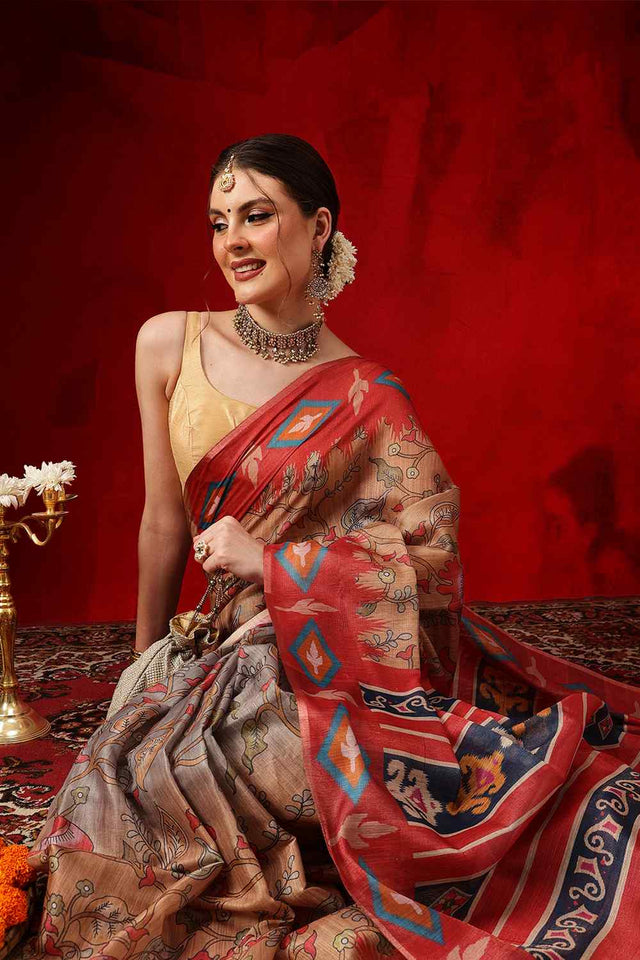 Red Printed Cotton Blend Ready to Wear Saree