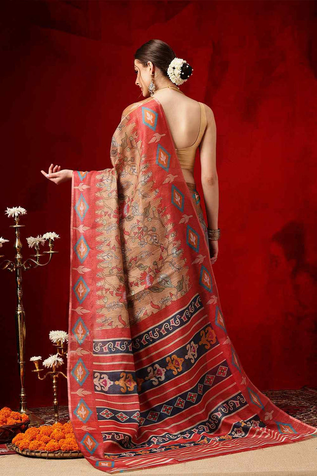 Red Printed Cotton Blend Ready to Wear Saree