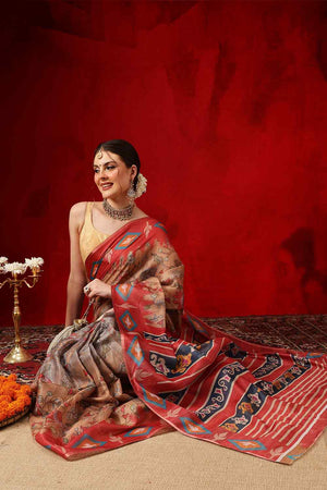 Red Printed Cotton Blend Ready to Wear Saree