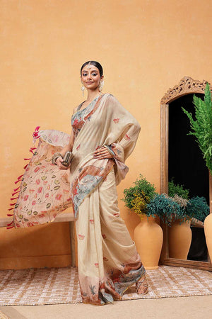 Beige Animal Printed Cotton Blend Ready to Wear Saree
