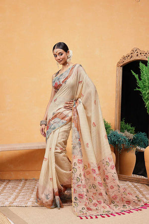Beige Animal Printed Cotton Blend Ready to Wear Saree
