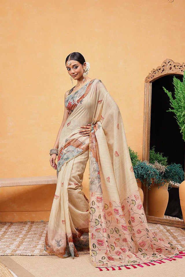 Beige Animal Printed Cotton Blend Ready to Wear Saree