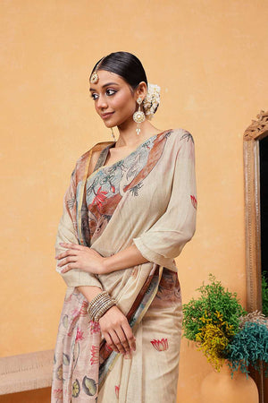 Beige Animal Printed Cotton Blend Ready to Wear Saree