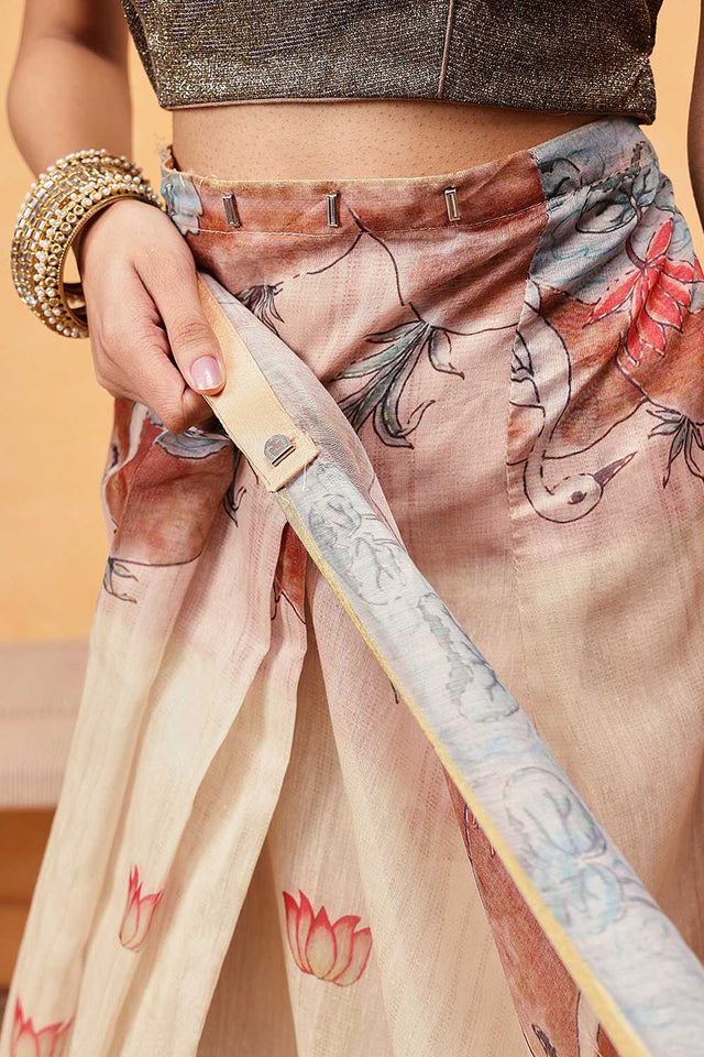 Beige Animal Printed Cotton Blend Ready to Wear Saree