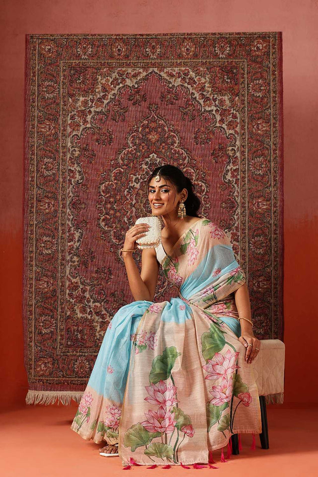 Lavender Abstract Printed Cotton Blend Ready to Wear Saree